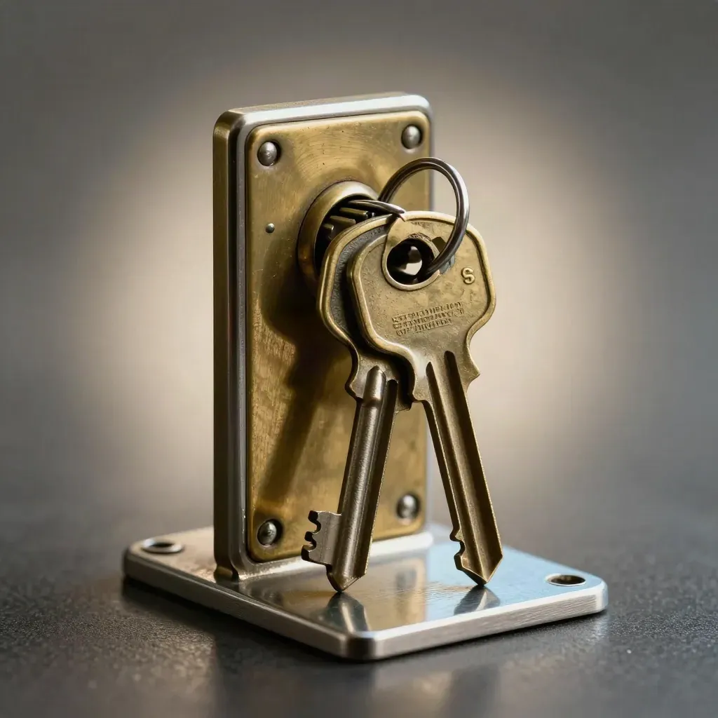 Vintage brass door hardware with two aged keys on brushed steel