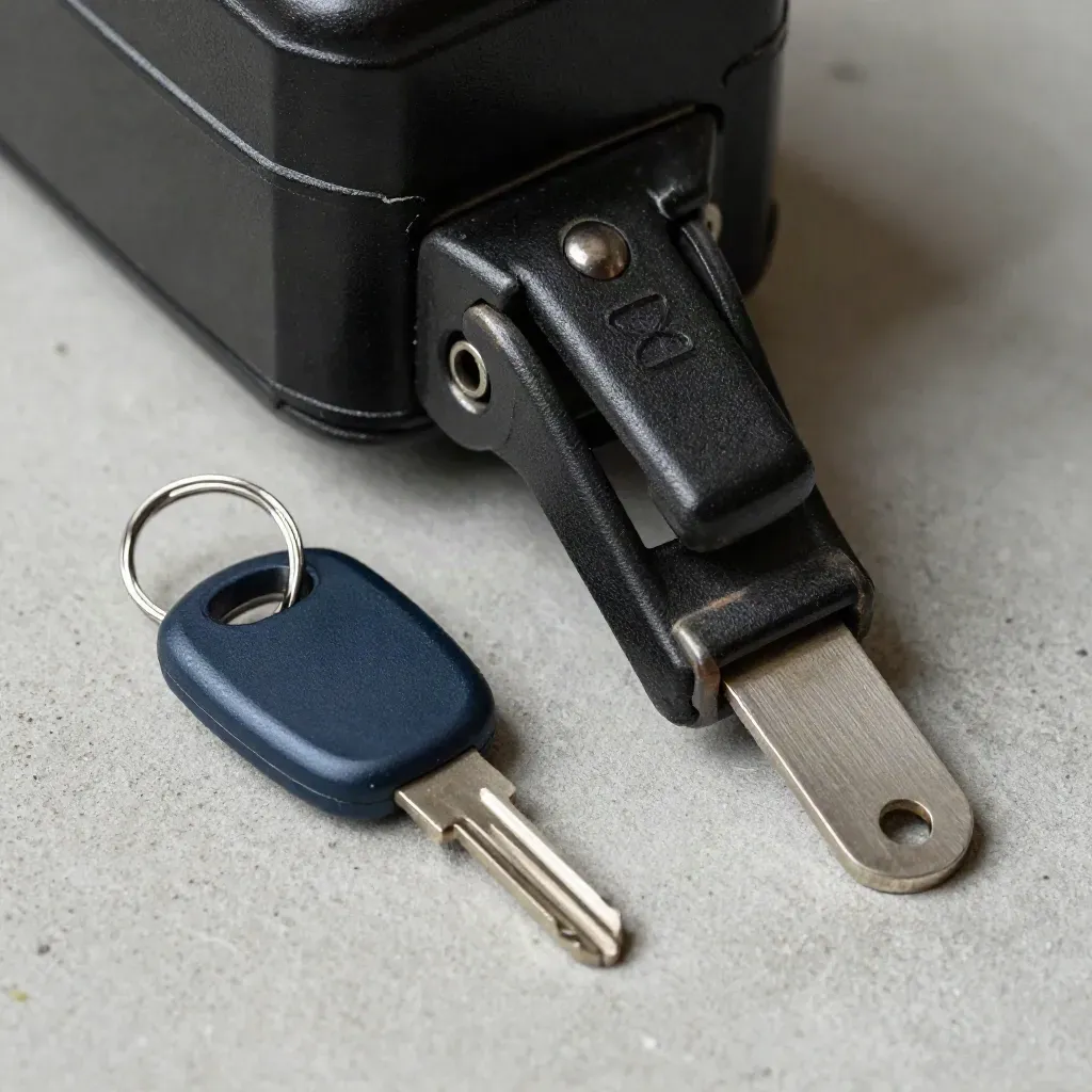 Weathered lockbox latch, navy key fob, and metal tab on pale concrete