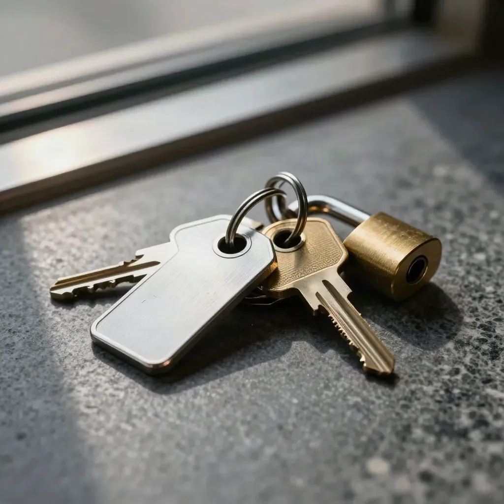 Brushed metal unit keys and a lock core on dark basalt under dramatic studio light