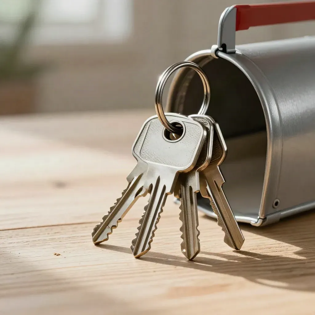 Mailbox keys and lock cylinder on pale wood, warm editorial still life for property management.