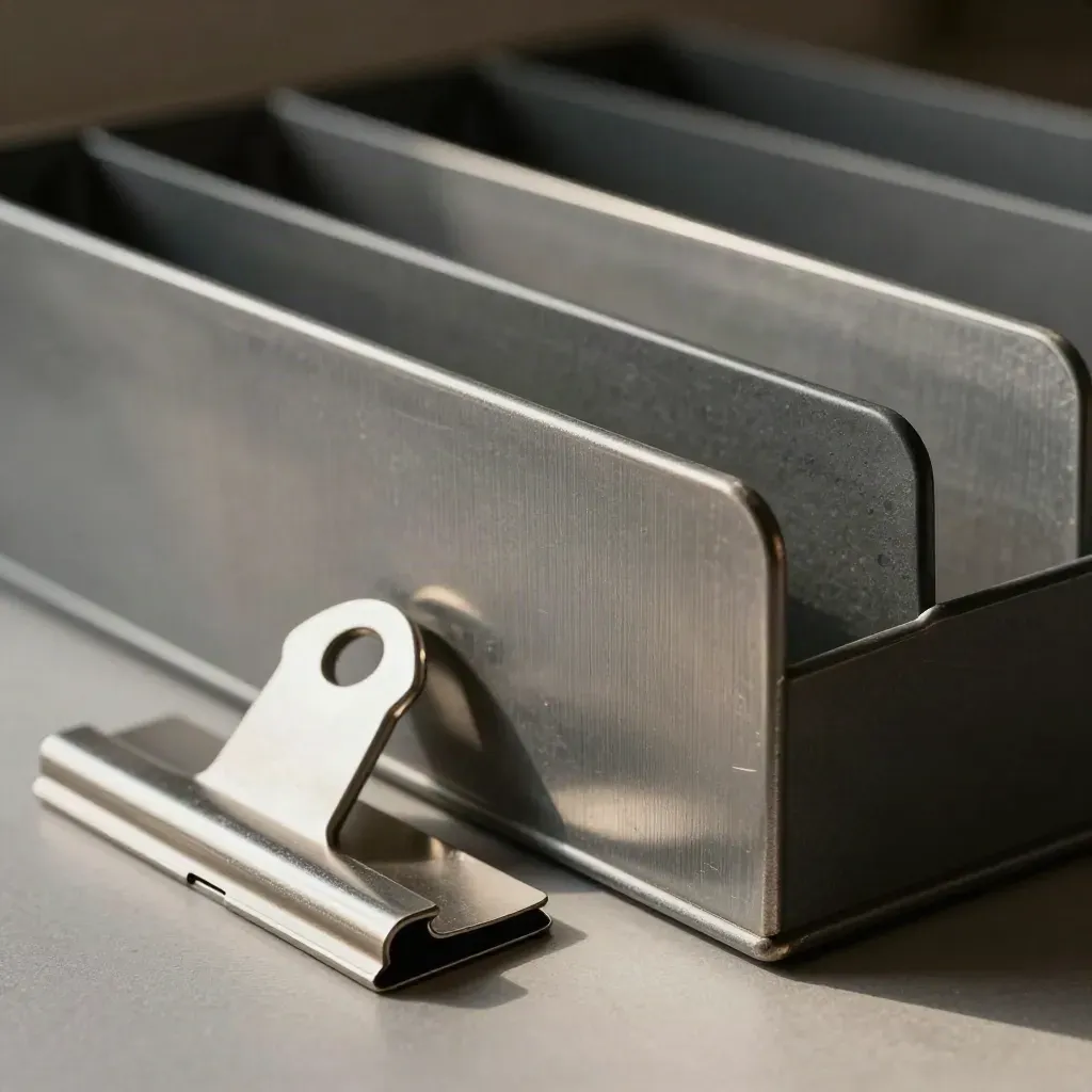 Slate file tray dividers, steel clip and key rack plate on brushed metal with misty light