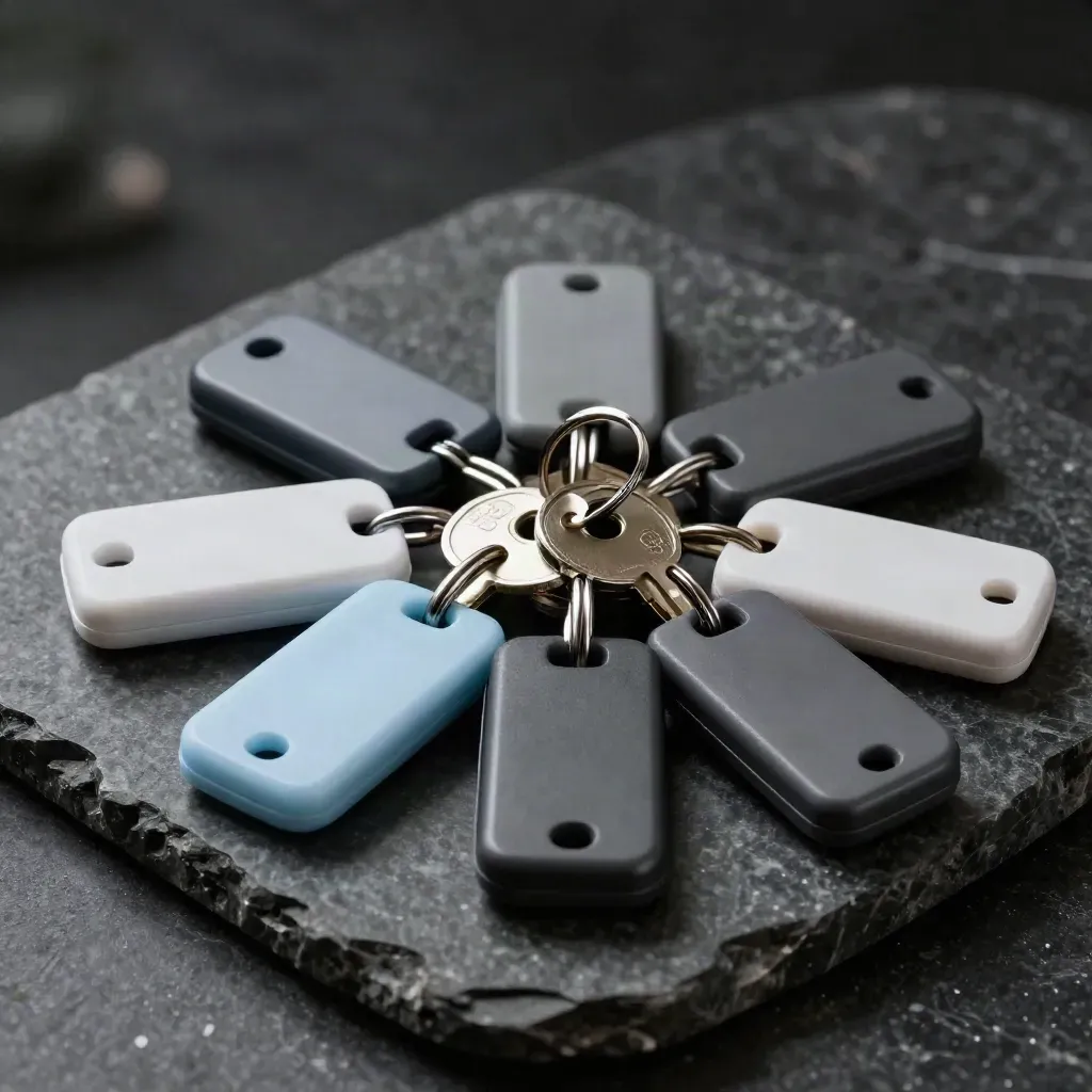 Access fobs, dorm keys, and locker lock arranged on dark stone with dramatic light.