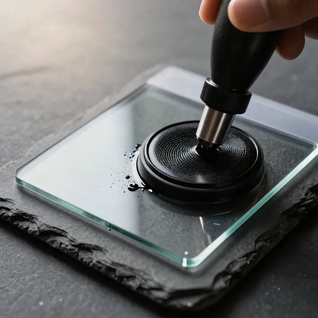 Macro of ink pad, glass slab and ID sleeve on graphite stone for tenant screening