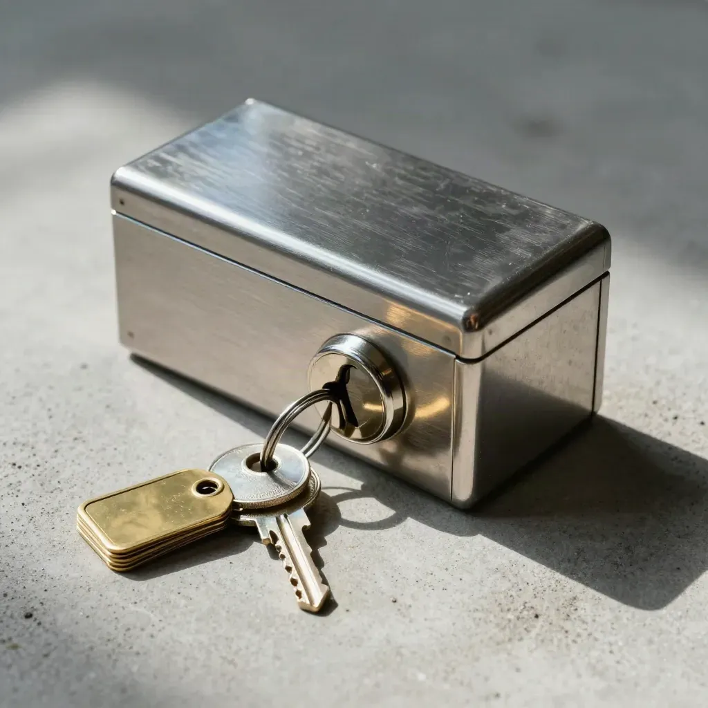 Polished lockbox with spare keys and brass tags on pale concrete