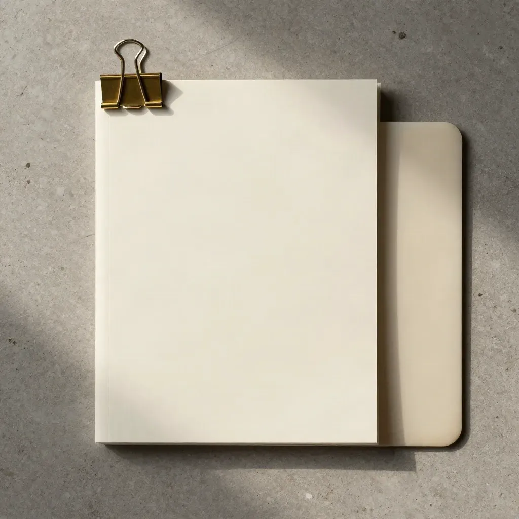Blank cream folio sleeve with brass clip and bone folder on brushed limestone, overhead.
