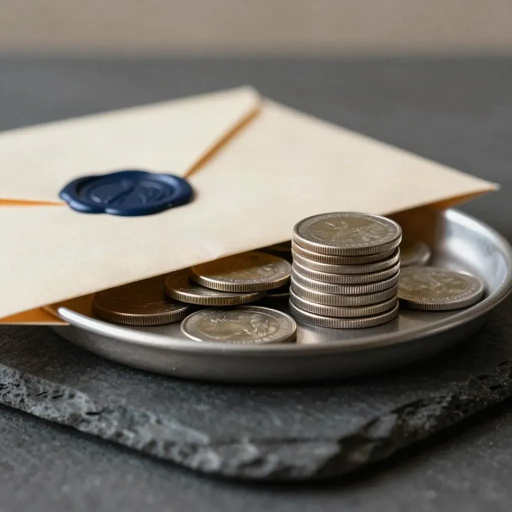 Sealed rent payment envelope, coin tray, and stacked silver coins on dark stone in side-on macro