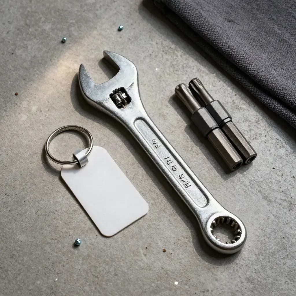 Repair tools and latch hardware arranged diagonally on matte concrete with soft daylight