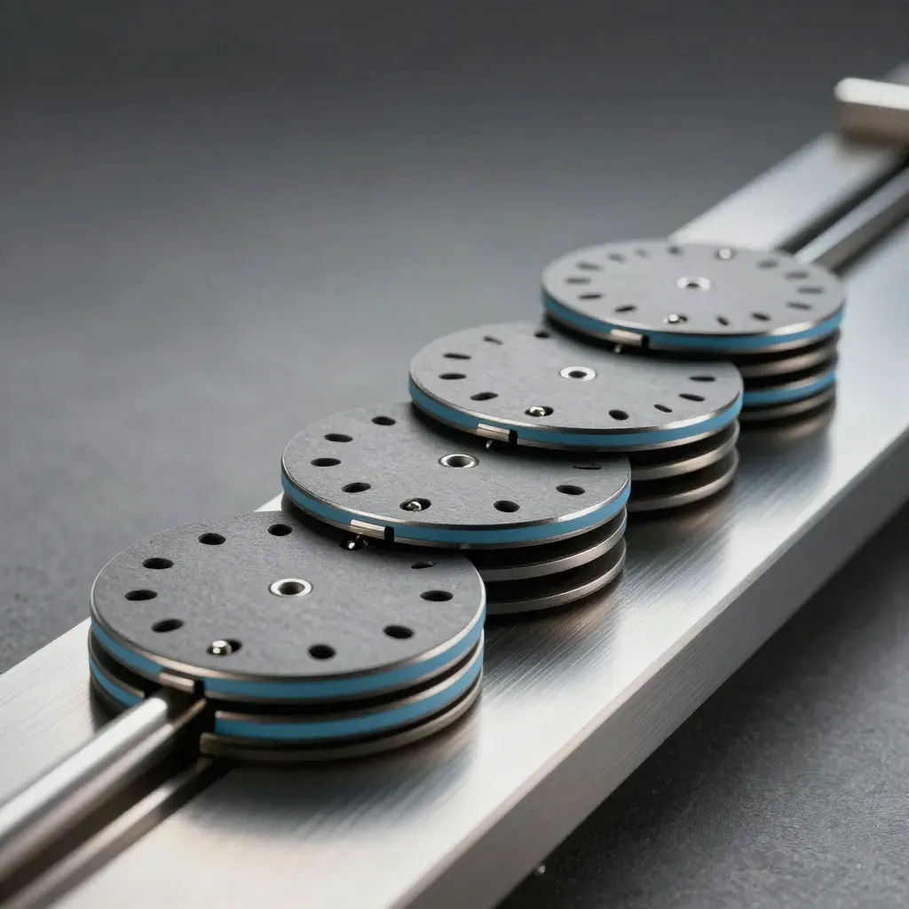 Property marker discs and file tabs on a brushed metal rail under dramatic studio light.