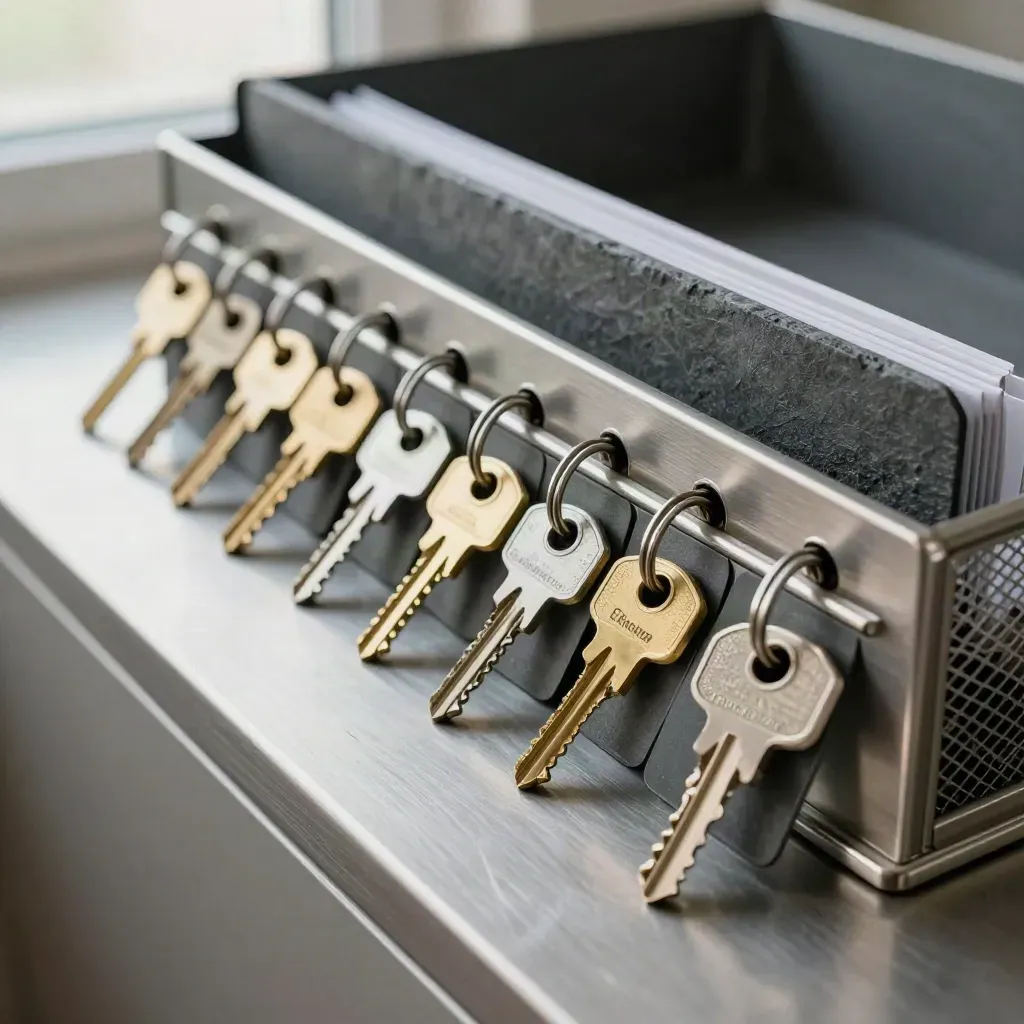 Macro still life of duplicate keys, tray dividers, and a clip rail on brushed steel, seen through mesh.