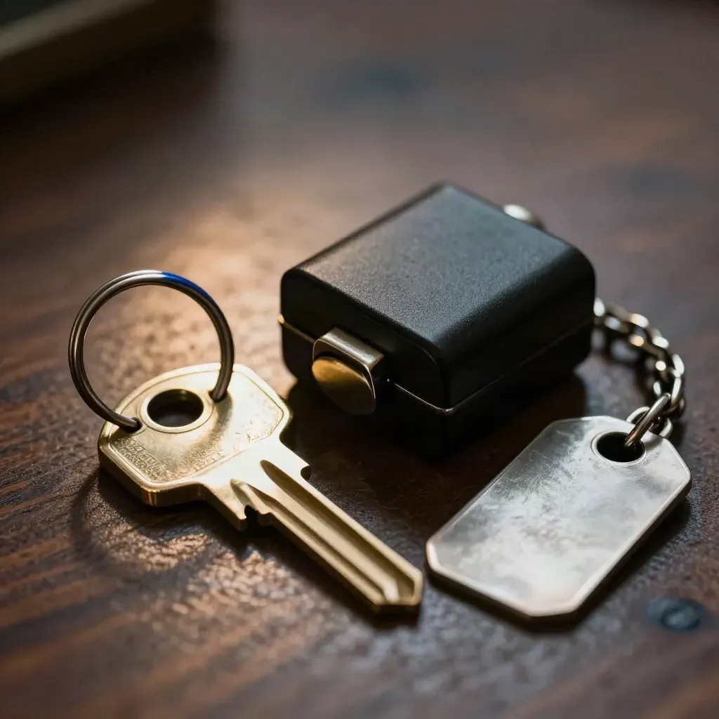 Close-up of a house key, lockbox, and metal tag chain on dark walnut, shot through a blurred key loop.