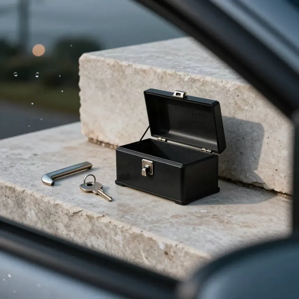 Open lockbox, spare keys, and door wedge on pale stone seen through a rain-speckled car window frame.