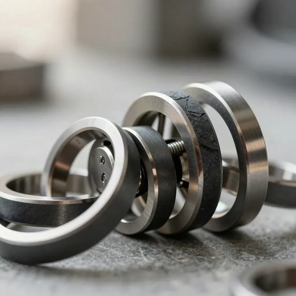 Macro of interlocking metal rings and connector pins on graphite, softly lit and premium