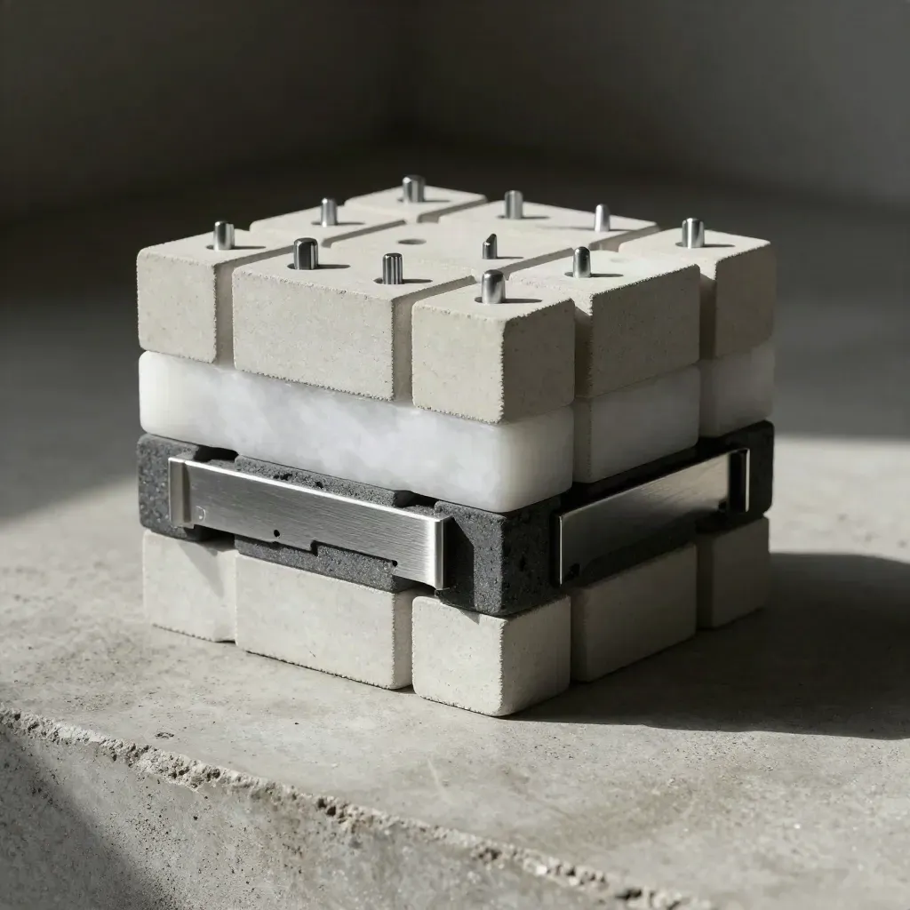Graphite modular blocks and clamp bar on pale concrete under dramatic studio light