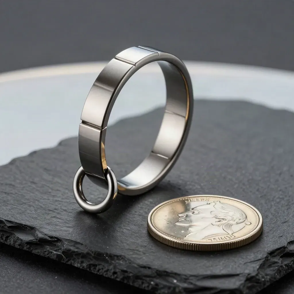 Polished metal band threaded through ring and clasp on dark stone, premium macro still life.
