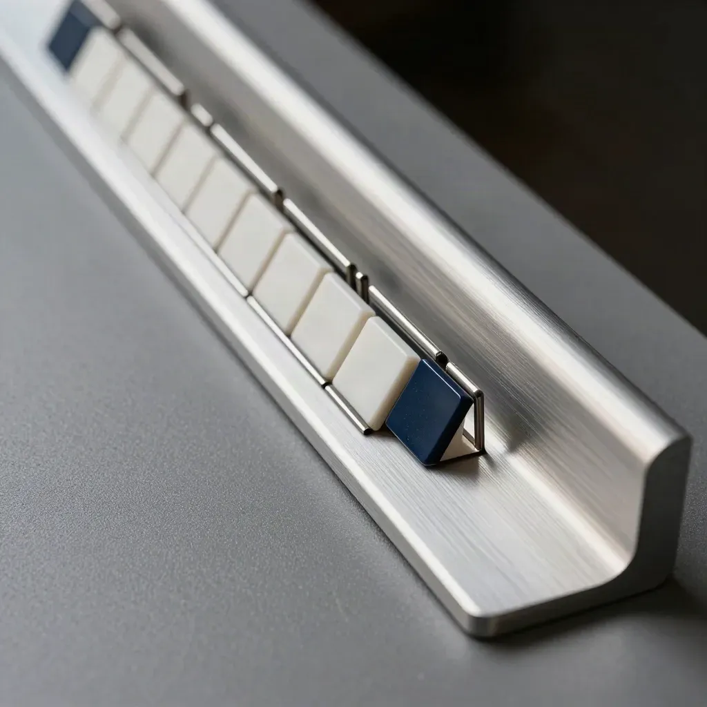 Brushed aluminum rail with navy task tiles and metal tabs under directional light