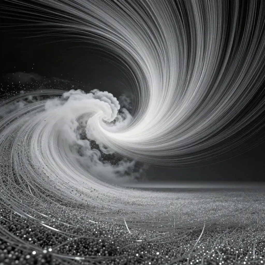 Silver filaments converge into a white bloom in deep graphite space.